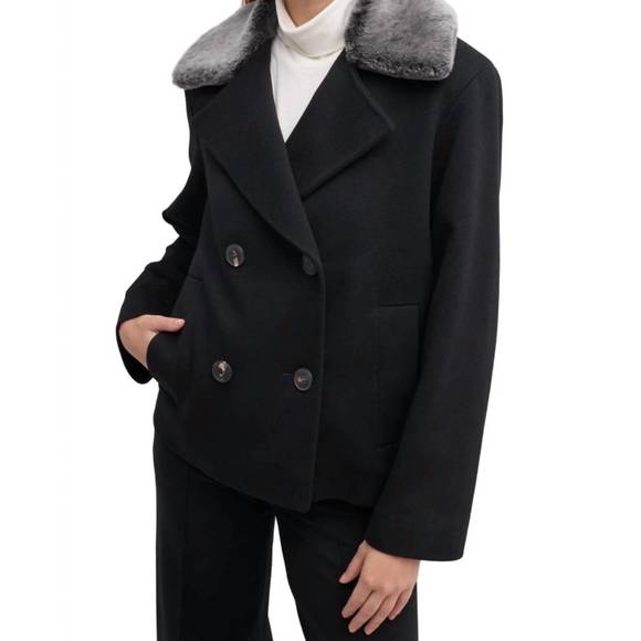 NEW FLEURETTE merino shearling collar peacoat in black - Picture 1 of 4